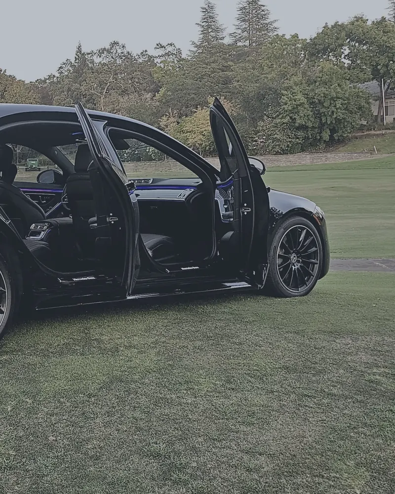 Mercedes S-Class with open doors beside a lawn