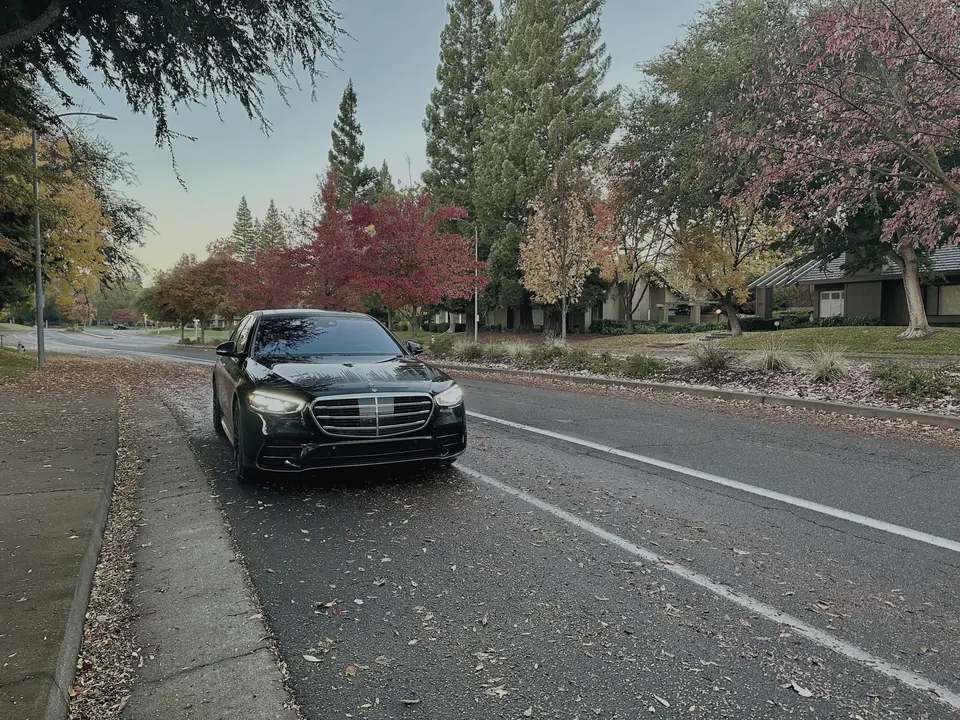 A black Mercedes S-Class on a tree-lined road
