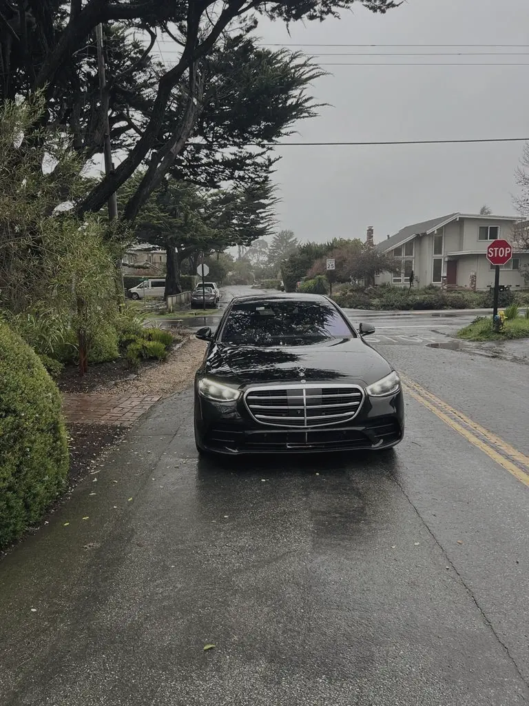 A black Mercedes S-Class on a wet street lined with trees
