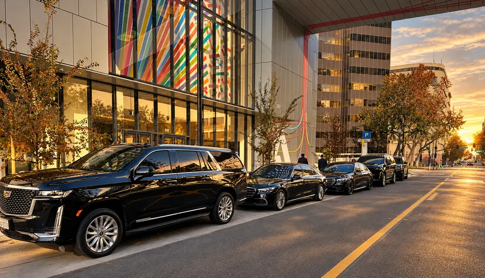 A black Cadillac Escalade and black Mercedes S-Class sedans parked along a city street
