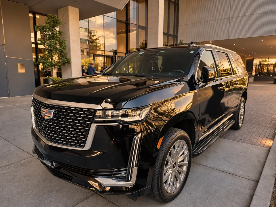 Black Cadillac Escalade parked at a hotel entrance