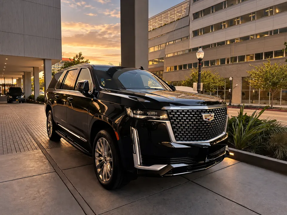 A black Cadillac Escalade outside a modern building at sunset