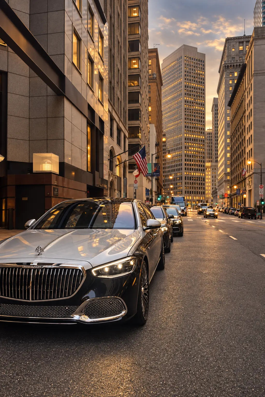 A black Maybach on a city street at dusk, seen from the front
