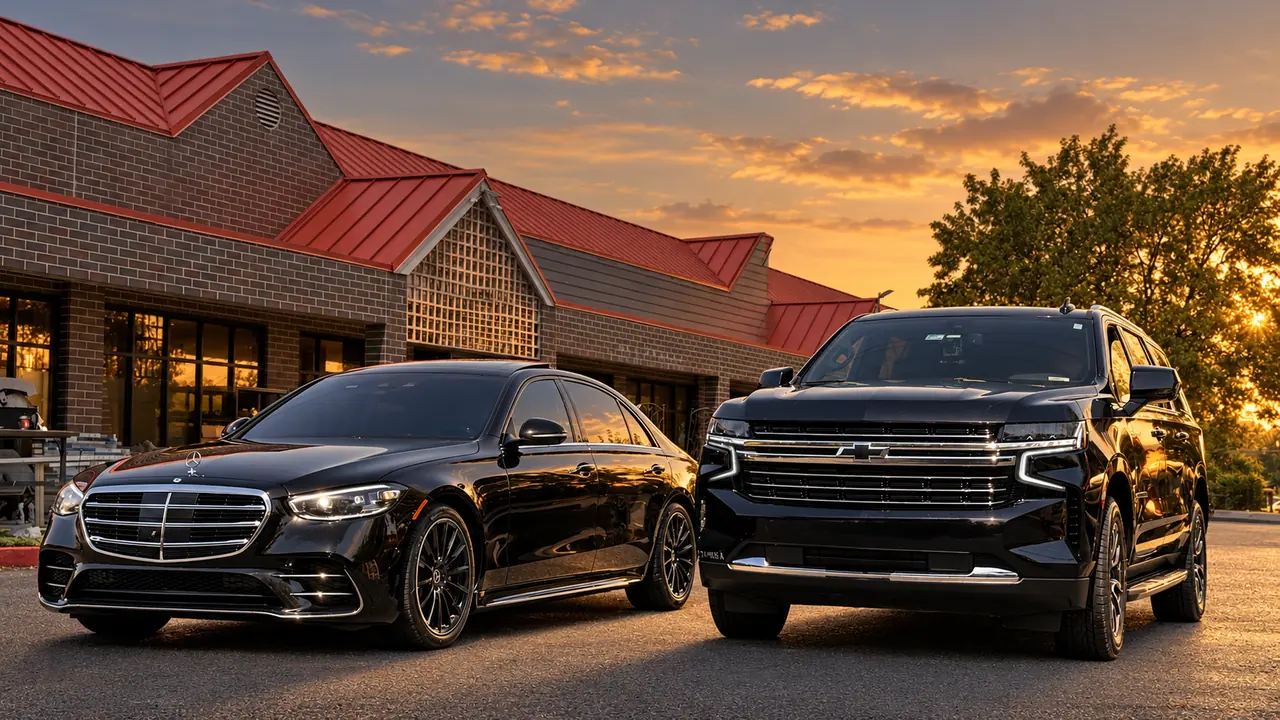 A black Mercedes S-Class and a black Chevrolet Suburban parked side by side at sunset