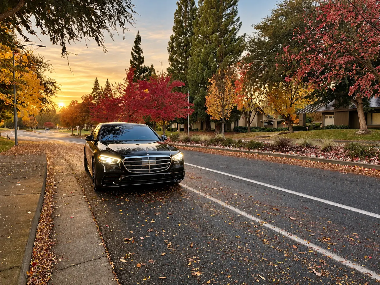 A black Mercedes S-Class on a tree-lined road