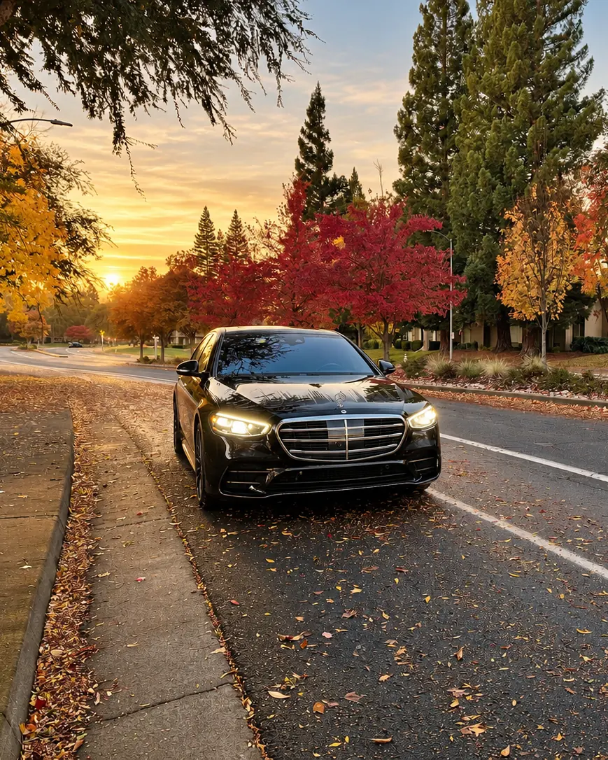 A black Mercedes S-Class on a tree-lined road
