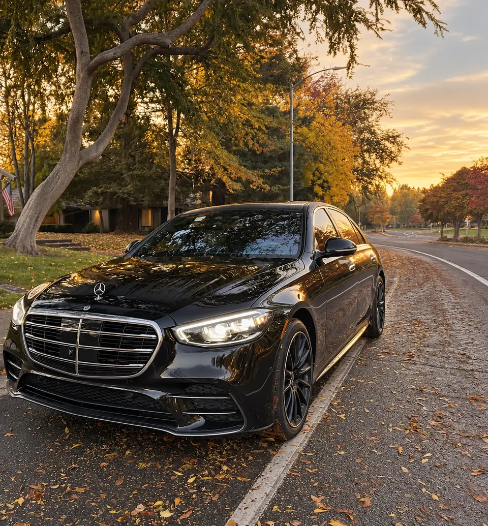 A black Mercedes S-Class on a tree-lined street in autumn