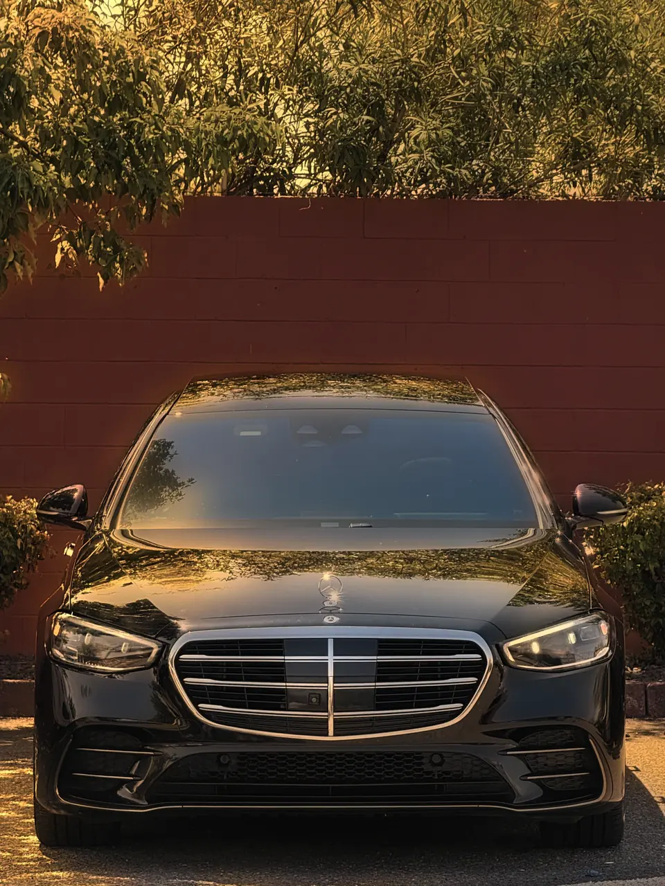 A black Mercedes S-Class seen head-on in front of a red wall
