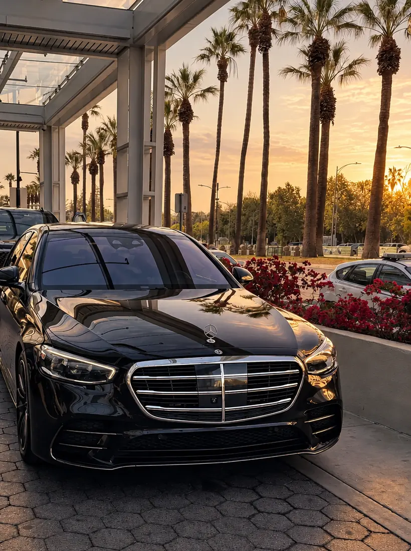 A black Mercedes S-Class beneath a glass canopy, palm trees behind it