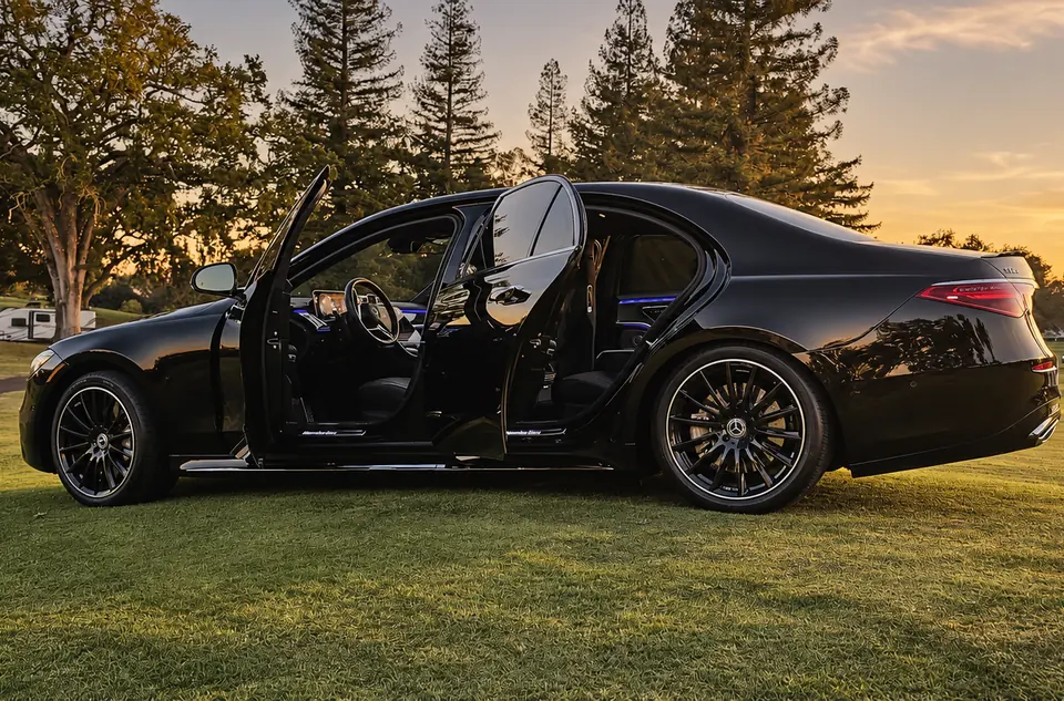 A black Mercedes S-Class with its doors open on a lawn at sunset