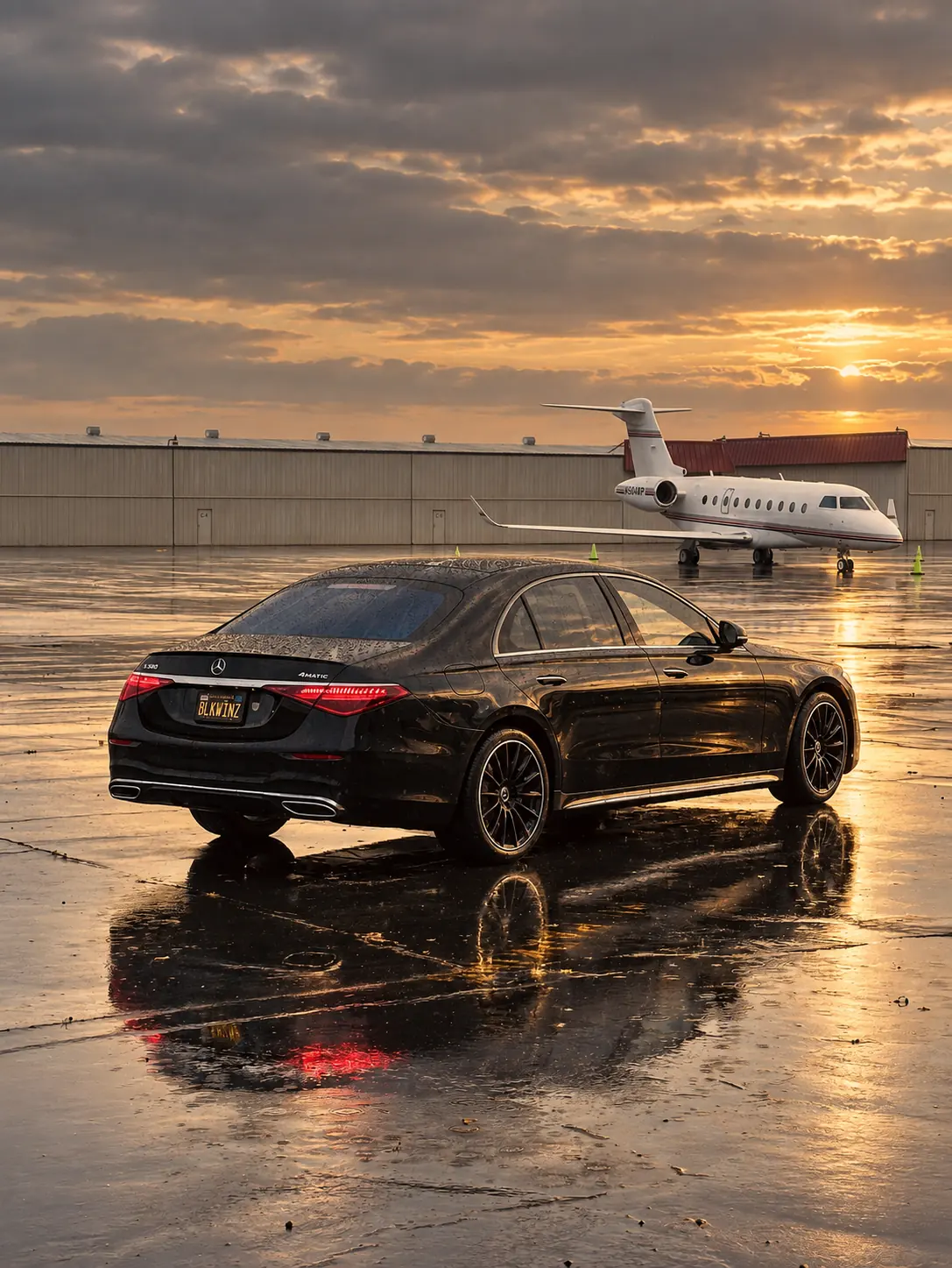 Black Mercedes S-Class parked on a wet ramp, a private jet behind it