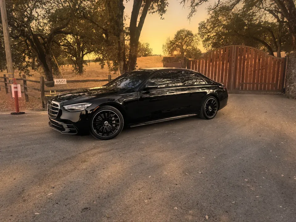 Side view of a black Mercedes S-Class by a wooden gate and oak trees