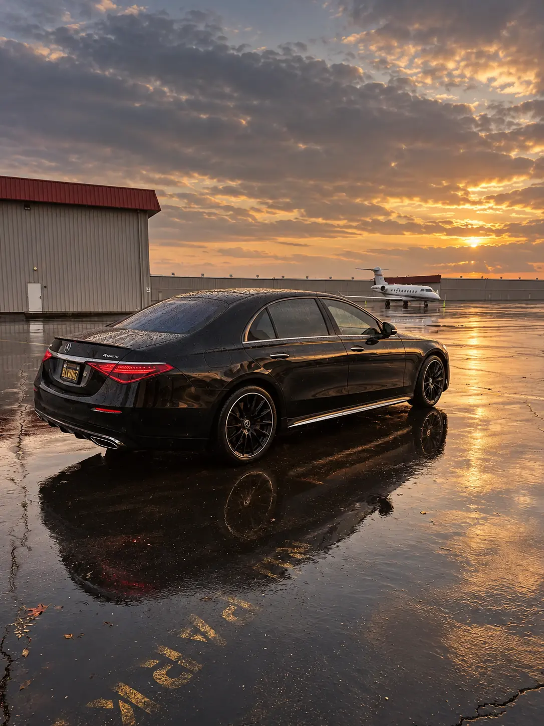 A black Mercedes S-Class on a wet ramp beside a hangar, a private jet in the distance