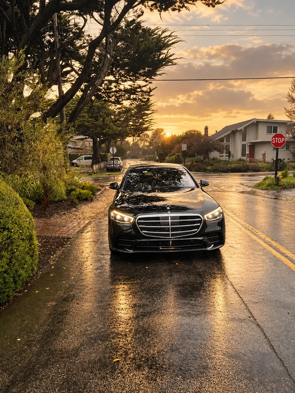 A black Mercedes S-Class on a wet street lined with trees