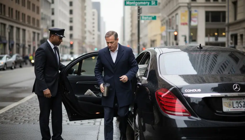 Executive arriving in chauffeured luxury car