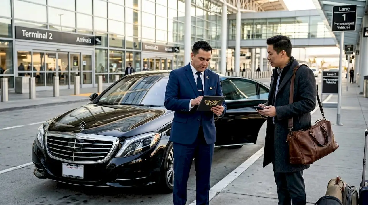 Chauffeur greets traveler at airport curb