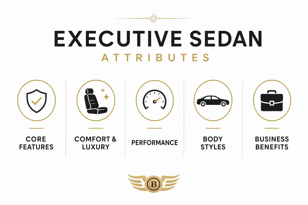 Infographic illustrating executive sedan key attributes and benefits