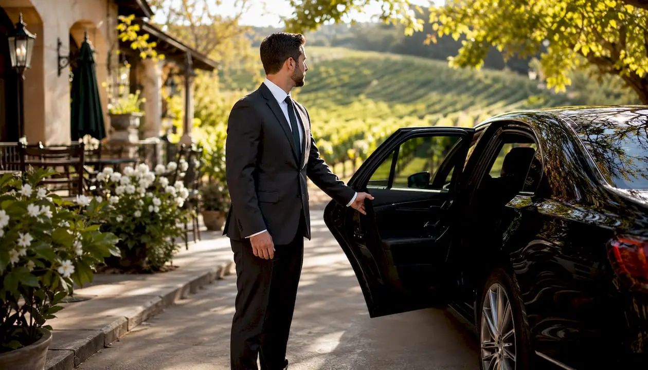 Chauffeur opening car door at Napa winery